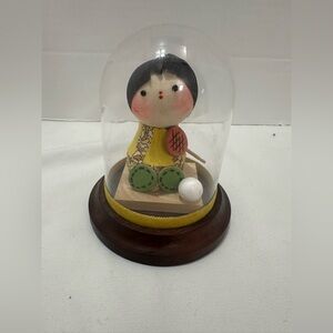 Handcrafted Paper Mache Kokeshi Inspired Doll in Glass Dome